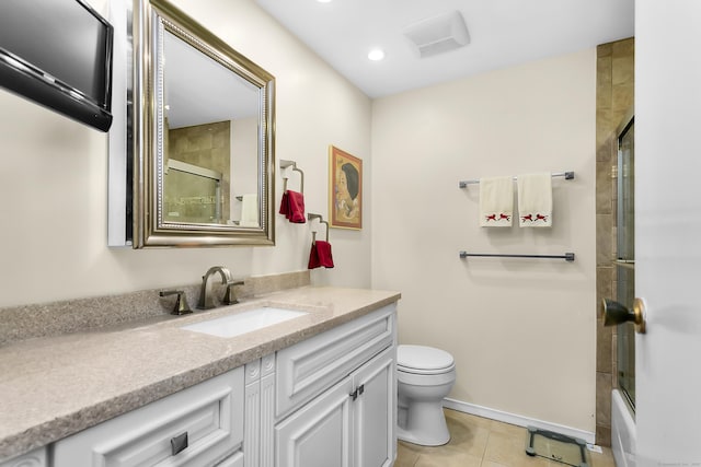 full bath with tile patterned floors, toilet, vanity, enclosed tub / shower combo, and recessed lighting