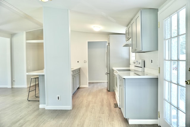 61 Forest St, Naugatuck, CT 06770 - kitchen with white electric range, under cabinet range hood, light wood finished floors, light countertops, and freestanding refrigerator
