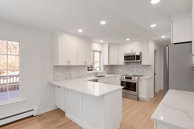1510 Congress St, Fairfield, CT 06825 - kitchen featuring stainless steel appliances, baseboard heating, a peninsula, backsplash, and recessed lighting