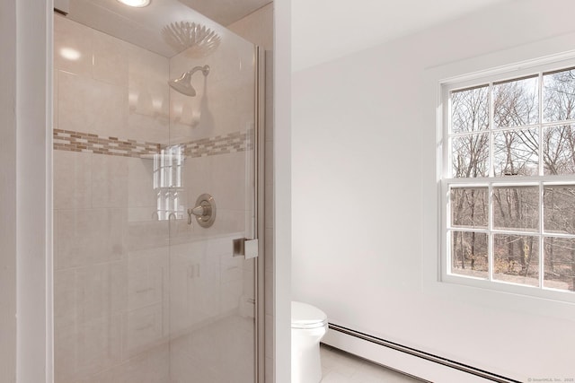 1510 Congress St, Fairfield, CT 06825 - bathroom featuring a baseboard radiator, a shower stall, and tile patterned flooring