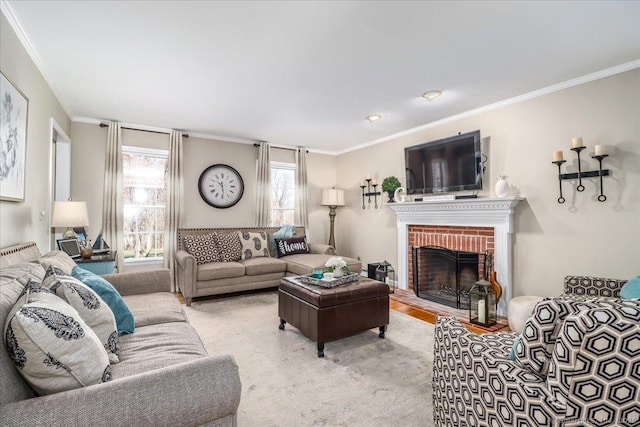 living area with ornamental molding and a fireplace