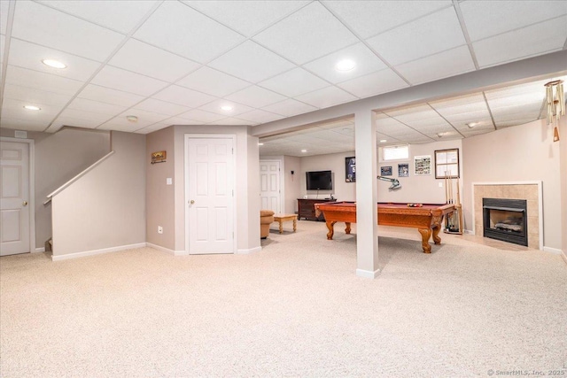 game room featuring baseboards, carpet flooring, billiards, and a drop ceiling