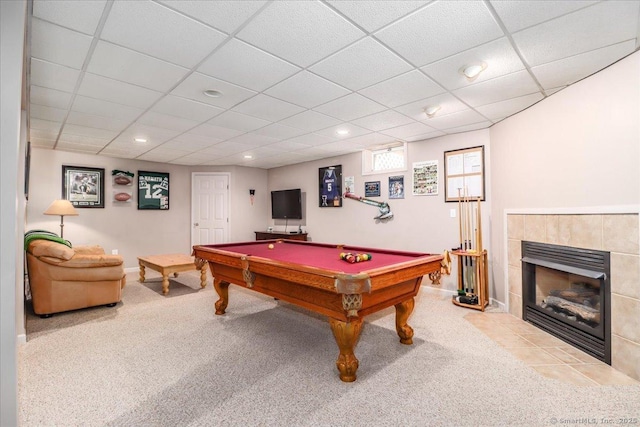game room featuring carpet floors, a tiled fireplace, recessed lighting, pool table, and a drop ceiling