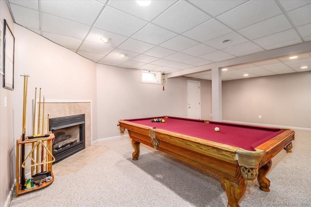 playroom with carpet, a drop ceiling, and recessed lighting
