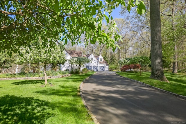 view of community with a garage, asphalt driveway, and a lawn