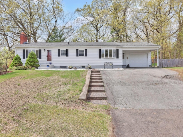 7 Sharren Ln, Enfield, CT 06082 - single story home featuring a chimney, fence, a garage, a front yard, and aphalt driveway