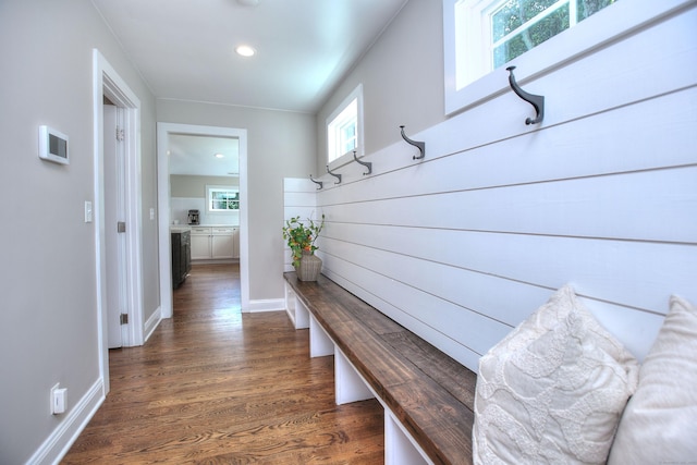 mudroom with dark wood finished floors, baseboards, and recessed lighting