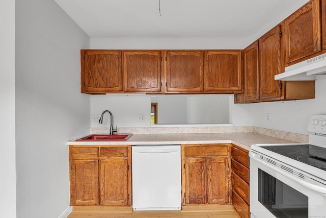 53 Cedar Knolls Dr Unit 53, Branford, CT 06405 - kitchen featuring white appliances, under cabinet range hood, light wood finished floors, light countertops, and a sink