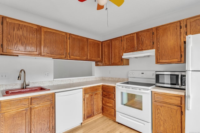 53 Cedar Knolls Dr Unit 53, Branford, CT 06405 - kitchen featuring white appliances, under cabinet range hood, a sink, a ceiling fan, and light wood-style flooring