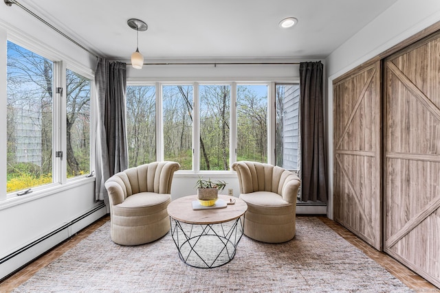 16 Howes Ln, Redding, CT 06896 - sunroom featuring baseboard heating, a baseboard heating unit, and recessed lighting