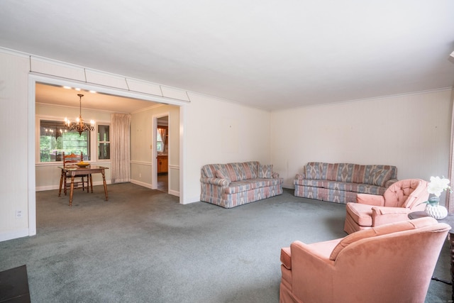 955 N Main St, West Hartford, CT 06117 - living area featuring a chandelier, ornamental molding, carpet floors, and baseboards