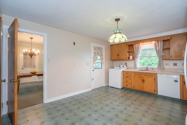 955 N Main St, West Hartford, CT 06117 - kitchen with washer / clothes dryer, dishwasher, open shelves, a sink, and light countertops