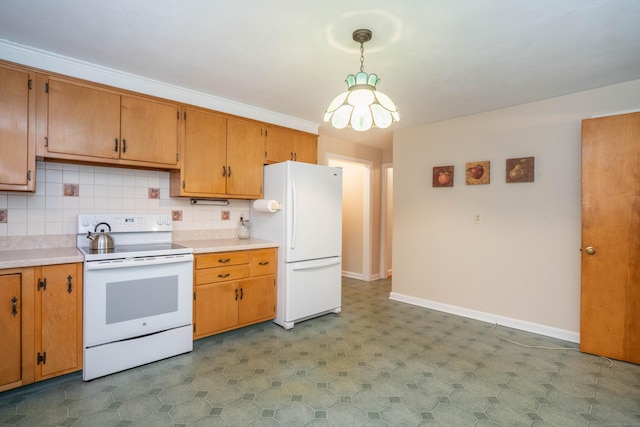 955 N Main St, West Hartford, CT 06117 - kitchen with white appliances, light countertops, tile patterned floors, and a chandelier