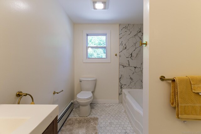 bathroom featuring tile patterned flooring, vanity, a baseboard radiator, baseboards, and toilet