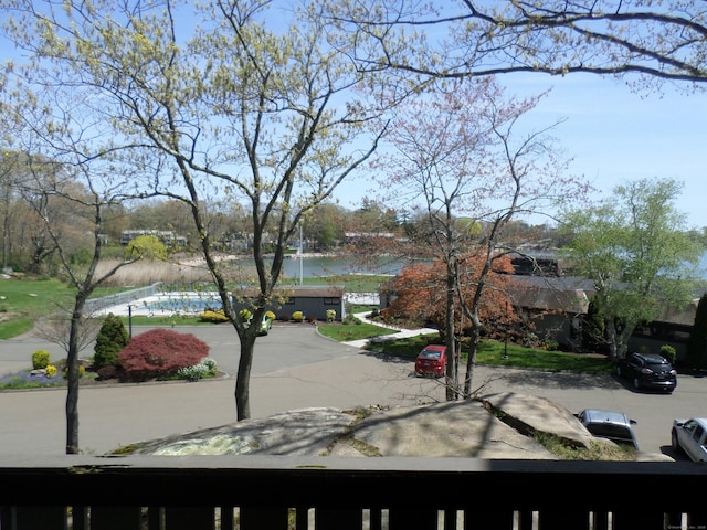 exterior space with a water view