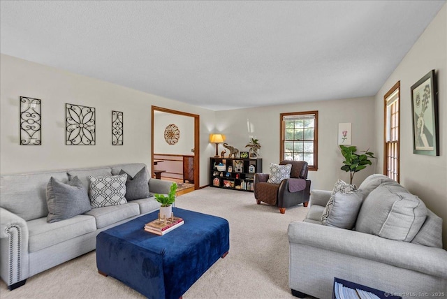 carpeted living area featuring a textured ceiling