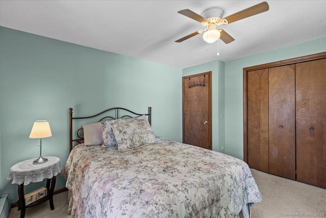 bedroom featuring carpet flooring, a ceiling fan, baseboard heating, and a closet