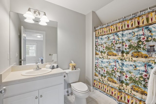 full bath with vanity, toilet, a shower with curtain, and tile patterned floors