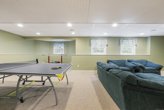 recreation room featuring carpet flooring, baseboards, and recessed lighting