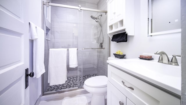 bathroom featuring vanity, a stall shower, and toilet