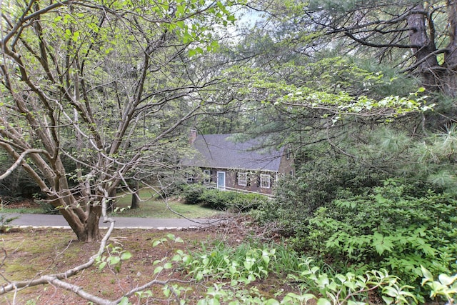 view of side of home featuring a chimney and a shingled roof