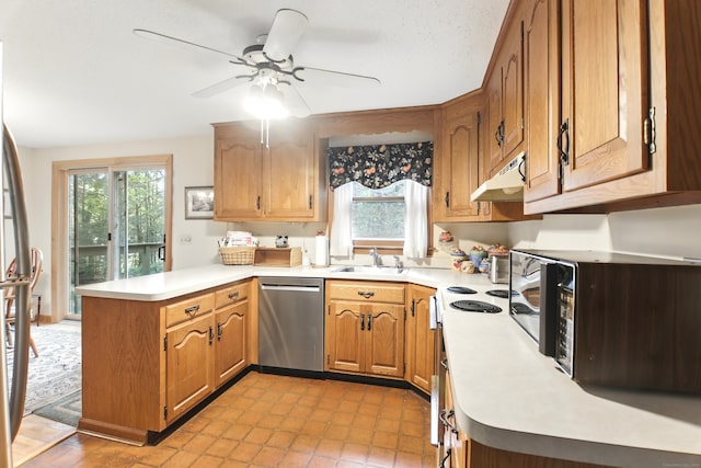 kitchen with stainless steel dishwasher, a peninsula, plenty of natural light, and a sink