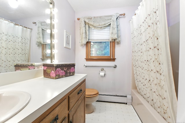 bathroom with baseboard heating, toilet, vanity, and tile patterned floors