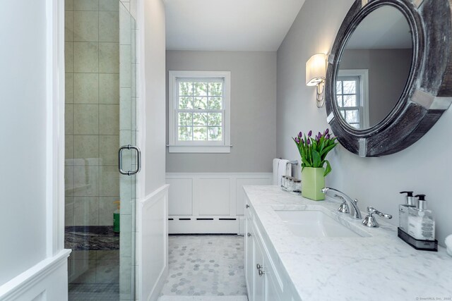 108 E St, Washington, CT 06793 - bathroom featuring a stall shower, vanity, and a baseboard heating unit