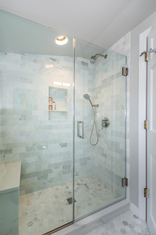 108 E St, Washington, CT 06793 - bathroom featuring tile patterned floors, a shower stall, and recessed lighting