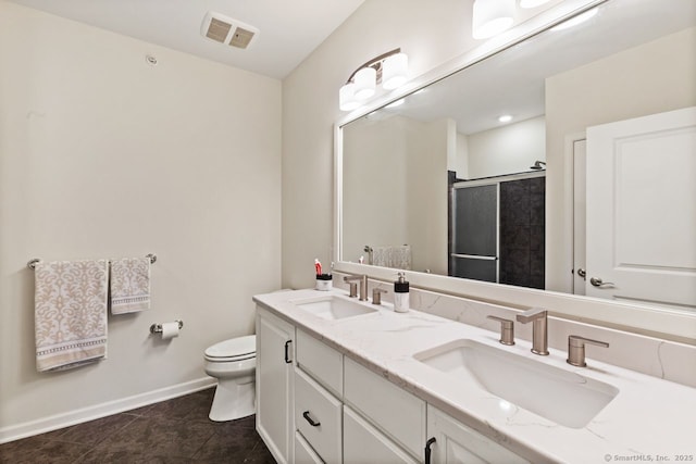 full bathroom with baseboards, visible vents, a shower stall, and a sink