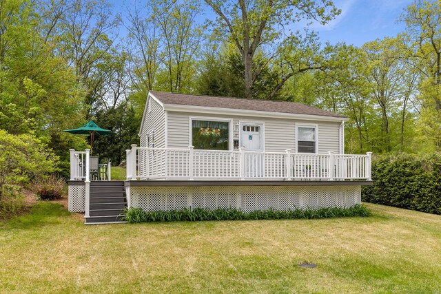17 Glimmer Gln, East Haddam, CT 06415 - view of front of house with stairway, a front lawn, and a deck