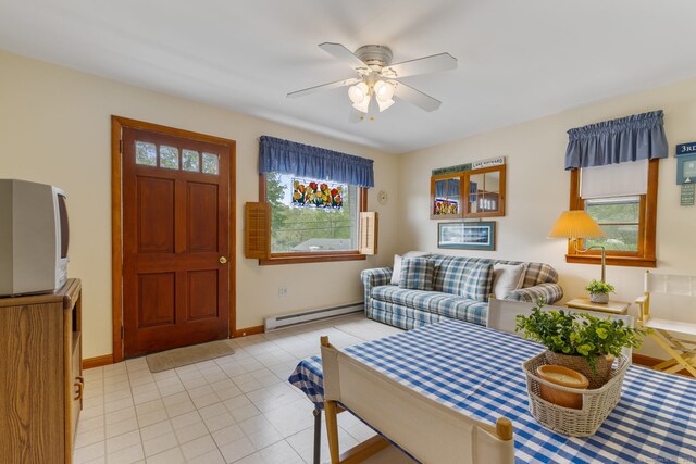 17 Glimmer Gln, East Haddam, CT 06415 - living area featuring a baseboard radiator, healthy amount of natural light, a ceiling fan, and baseboards