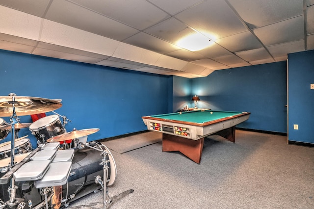 1540 Paradise Ave, Hamden, CT 06514 - playroom featuring a paneled ceiling, carpet floors, billiards, and baseboards