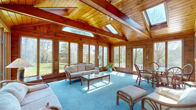 living area featuring wood walls, lofted ceiling with skylight, and wooden ceiling