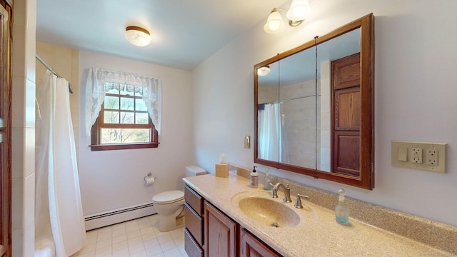 full bathroom featuring vanity, a baseboard heating unit, toilet, and a shower with curtain