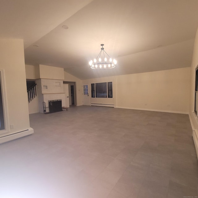91 Jennifer Rd, Hamden, CT 06514 - unfurnished living room featuring vaulted ceiling, a chandelier, and baseboard heating