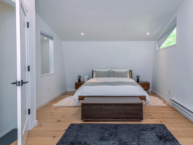 19 Spargo Rd, Roxbury, CT 06783 - bedroom featuring light wood-style flooring, a baseboard radiator, vaulted ceiling, recessed lighting, and baseboards