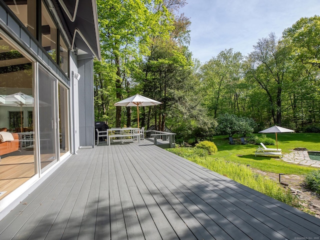 19 Spargo Rd, Roxbury, CT 06783 - deck featuring a lawn and view of wooded area