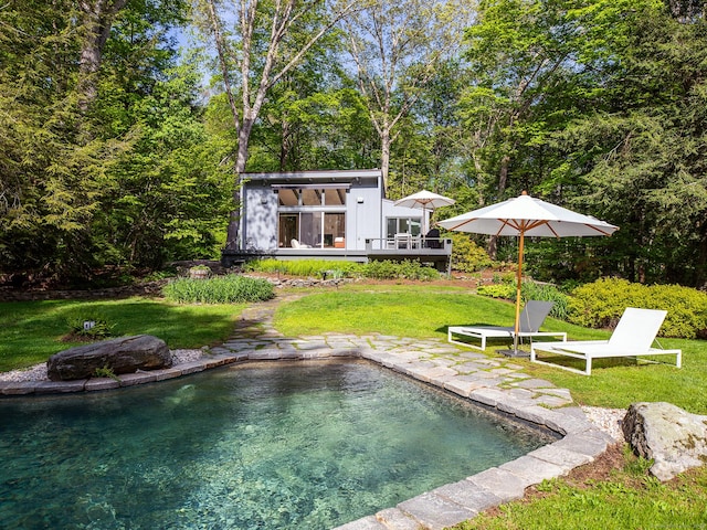 19 Spargo Rd, Roxbury, CT 06783 - rear view of property with a wooden deck, a yard, and an outdoor pool