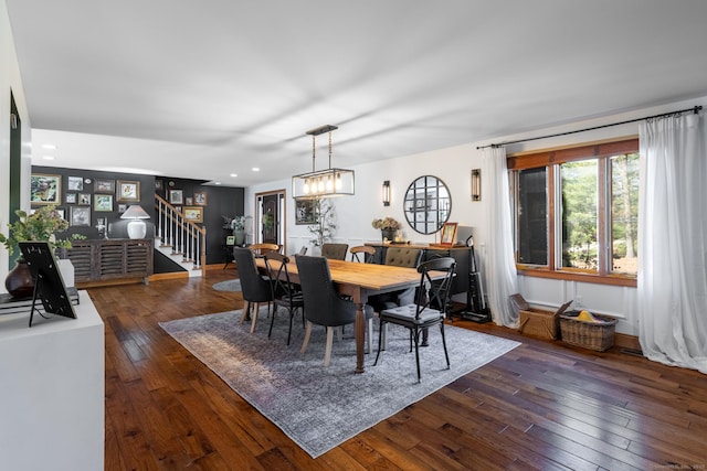 130 Upper Whittemore Rd, Middlebury, CT 06762 - dining space with stairway, baseboards, recessed lighting, and dark wood-style flooring