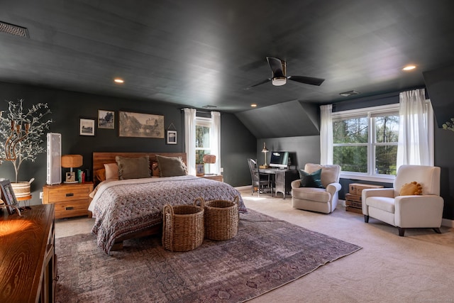 130 Upper Whittemore Rd, Middlebury, CT 06762 - bedroom featuring ceiling fan, visible vents, carpet, recessed lighting, and vaulted ceiling