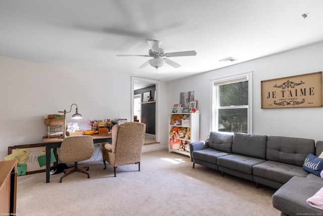 130 Upper Whittemore Rd, Middlebury, CT 06762 - living room with visible vents, a ceiling fan, and light carpet