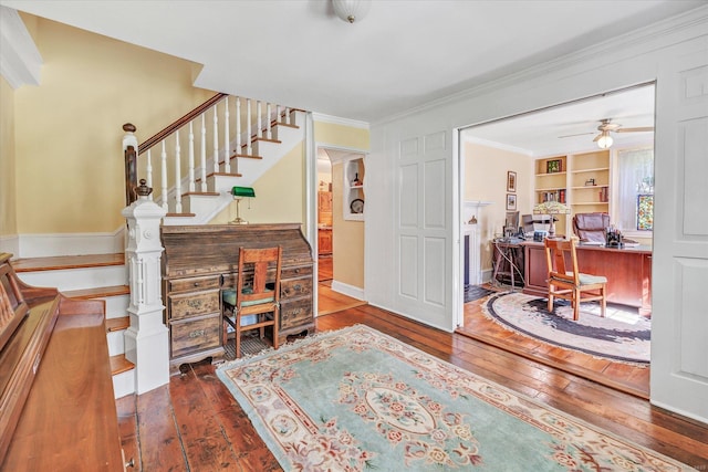 331 Elm St, Monroe, CT 06468 - entrance foyer with hardwood / wood-style flooring, stairs, crown molding, and a ceiling fan
