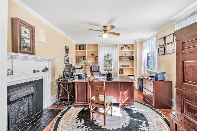 331 Elm St, Monroe, CT 06468 - office area with ceiling fan, a fireplace with flush hearth, wood finished floors, ornamental molding, and baseboards