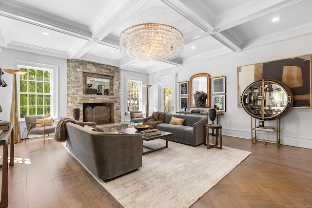 living area with ornamental molding, beamed ceiling, coffered ceiling, and a chandelier