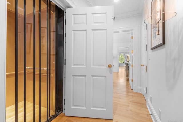 hallway featuring light wood-style floors, baseboards, and ornamental molding