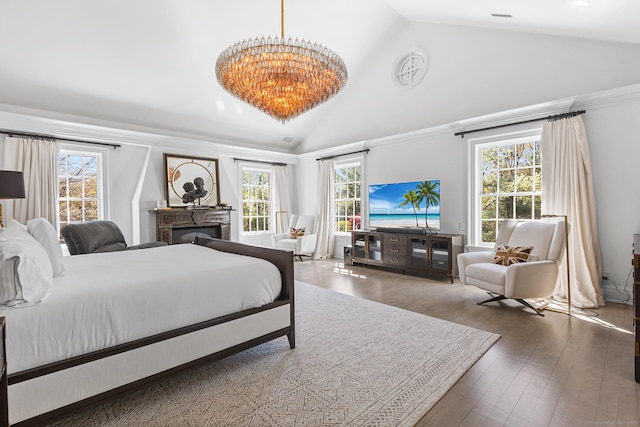 bedroom with multiple windows, a fireplace, and wood finished floors