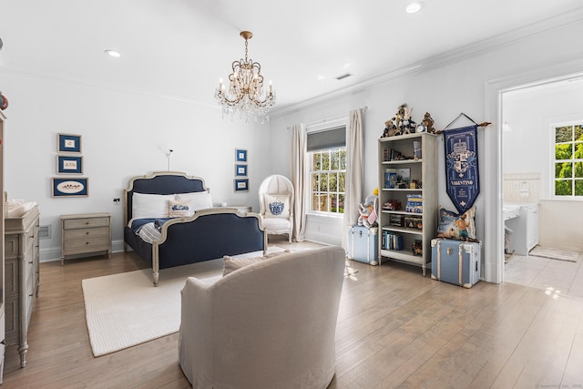 bedroom featuring wood-type flooring, a notable chandelier, recessed lighting, and visible vents