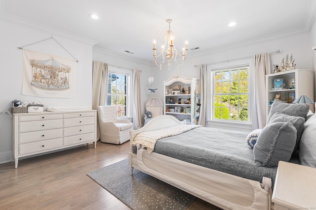 bedroom featuring crown molding, a chandelier, recessed lighting, wood finished floors, and visible vents