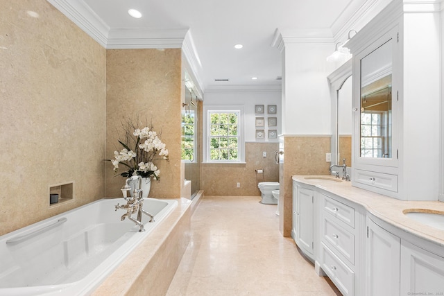 full bath featuring double vanity, a garden tub, tile walls, toilet, and ornamental molding